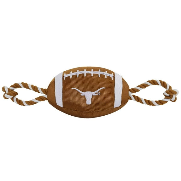 Pets First Collegiate Texas Longhorns Strong, Durable, Chewable Football Dog Toy with Inner Squeaker and Side Ropes, Officialy Licensed