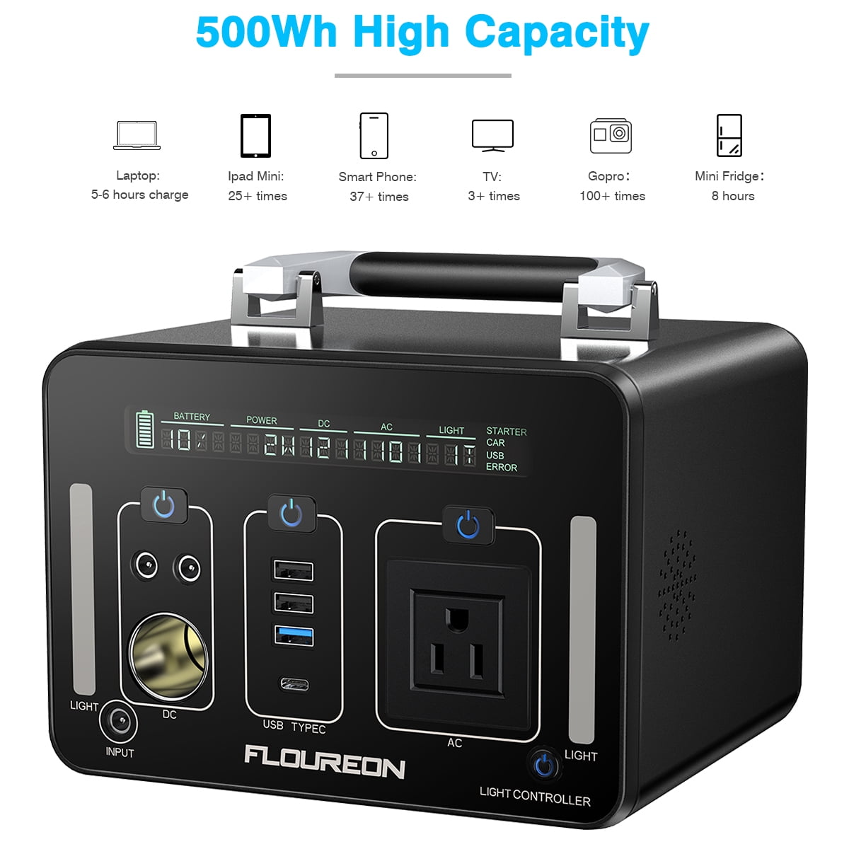 Portable Power Station, FLOUREON 500Wh Solar Generator for home use with AC Outlet, 12V Car, USB Output Power Supply for camping Road Trip Emergency Backup