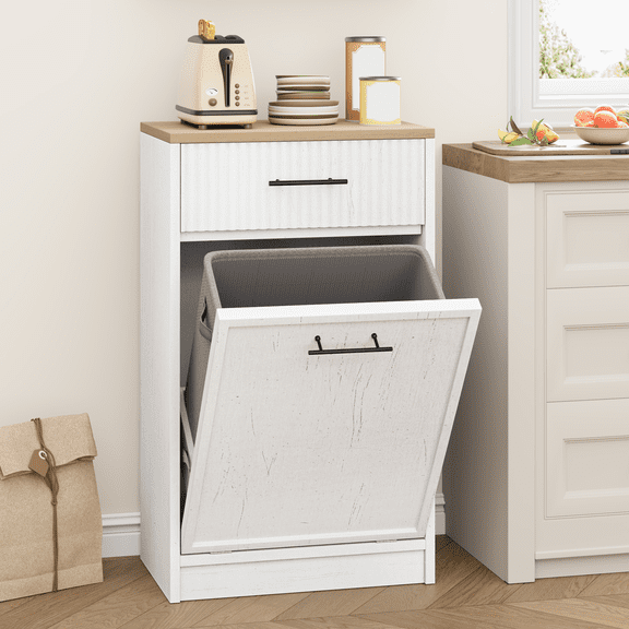 10 Gallon Tilt Out Trash Can Cabinet, Fluted Hidden Garbage Can Holder with Storage Drawer, Dog Proof Wooden Trash Bin for Kitchen and Dining Room, White
