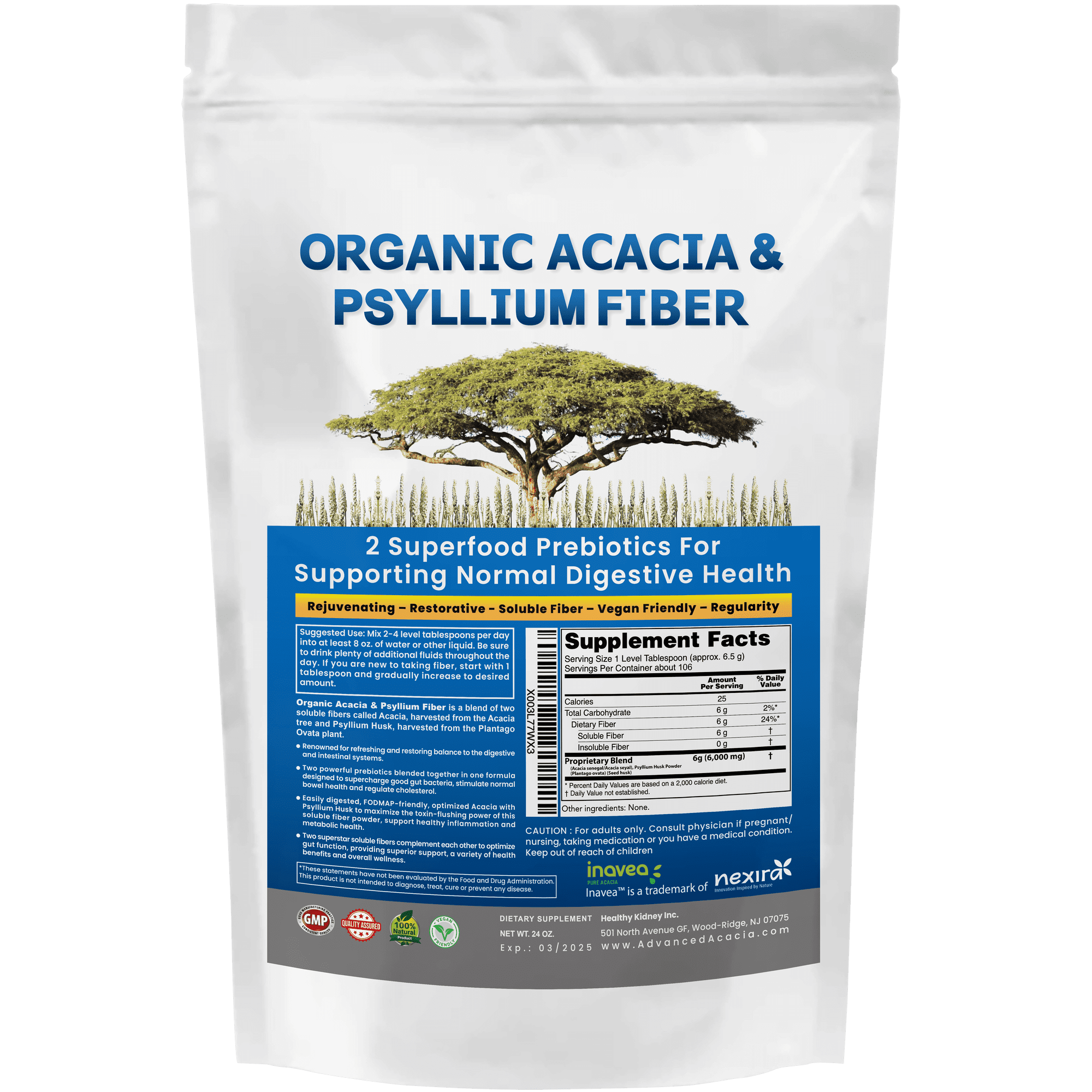 Organic Acacia & Psyllium Husk Fiber Powder - Premium Blend for Digestive Wellness - 1.5 lbs (24oz)