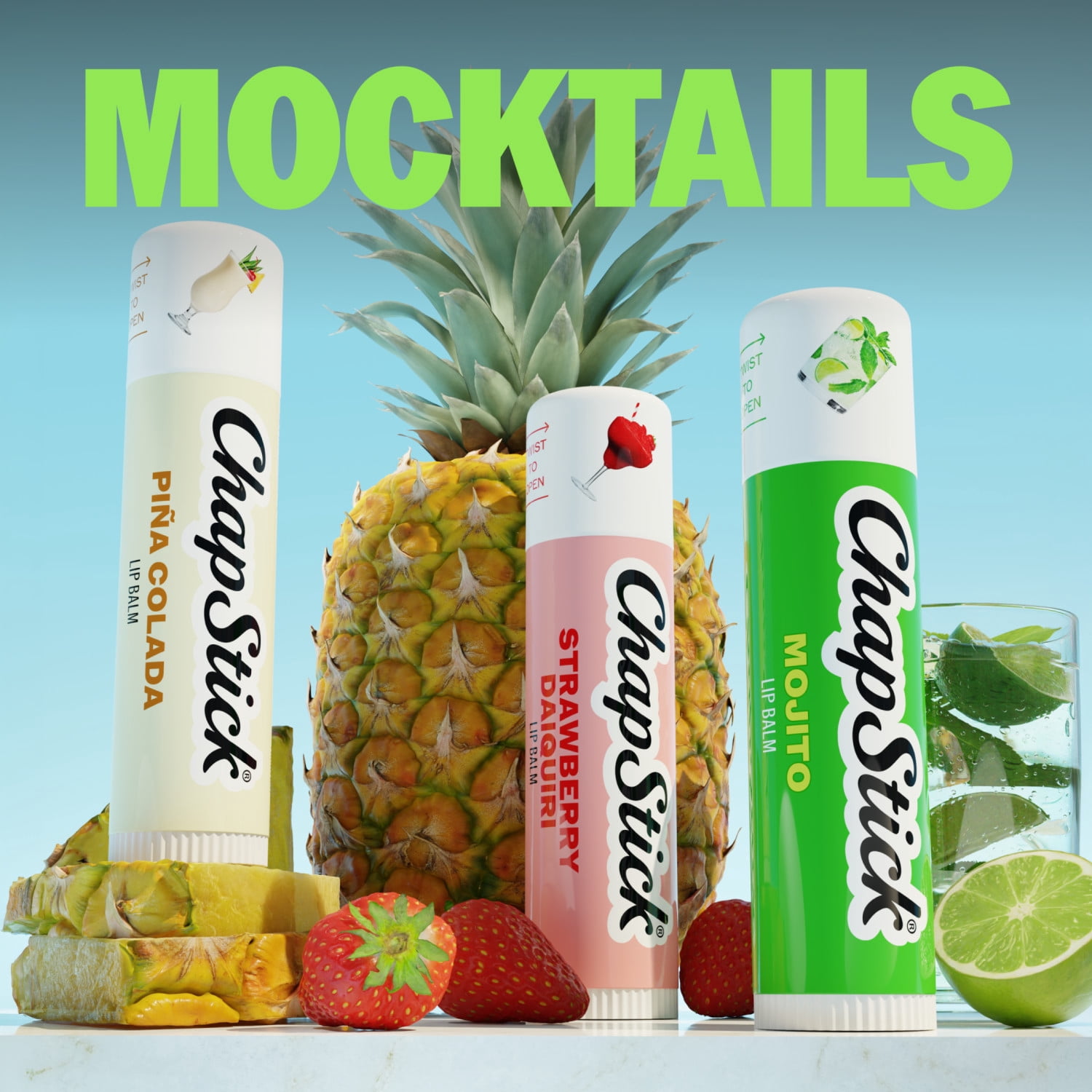 ChapStick Mocktail Lip Balm Tubes, Strawberry Daiquiri, Mojito, Pina Colada Flavors, 0.15 oz, 3 Pack