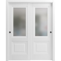 Sliding Closet Bypass Doors 48 x 96 inches | Lucia 8822 White Silk with Frosted Glass | Sturdy Rails Moldings Trims Hardware Set | Wood Solid Bedroom Wardrobe Doors