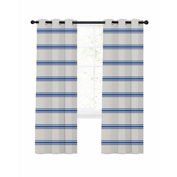 Navy Blue Striped Blackout Curtains, Light Blocking Print Window Curtains, Rustic Blue Stripe Modern Art Beige Thermal Insulated Window Drapes for Living Room Kitchen Cafe 2 Panels, 104"W x 90"L