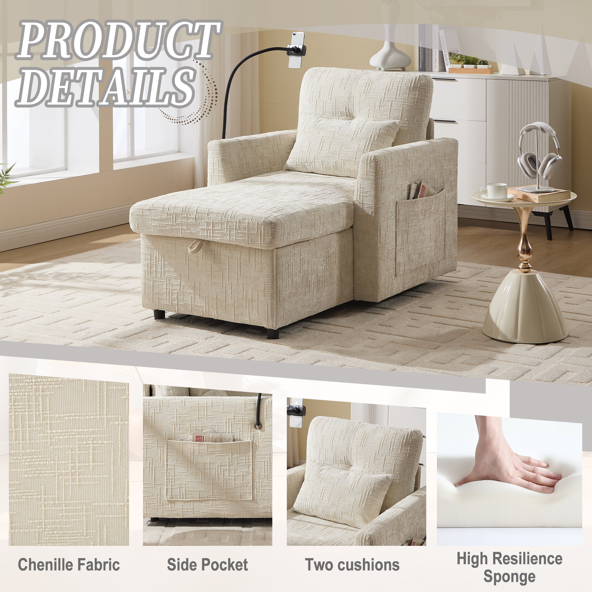 MOONMISS Chenille Upholstered Storage Lazy Single Leisure Chair Sofa with Phone Holder&Side Pocket-Beige