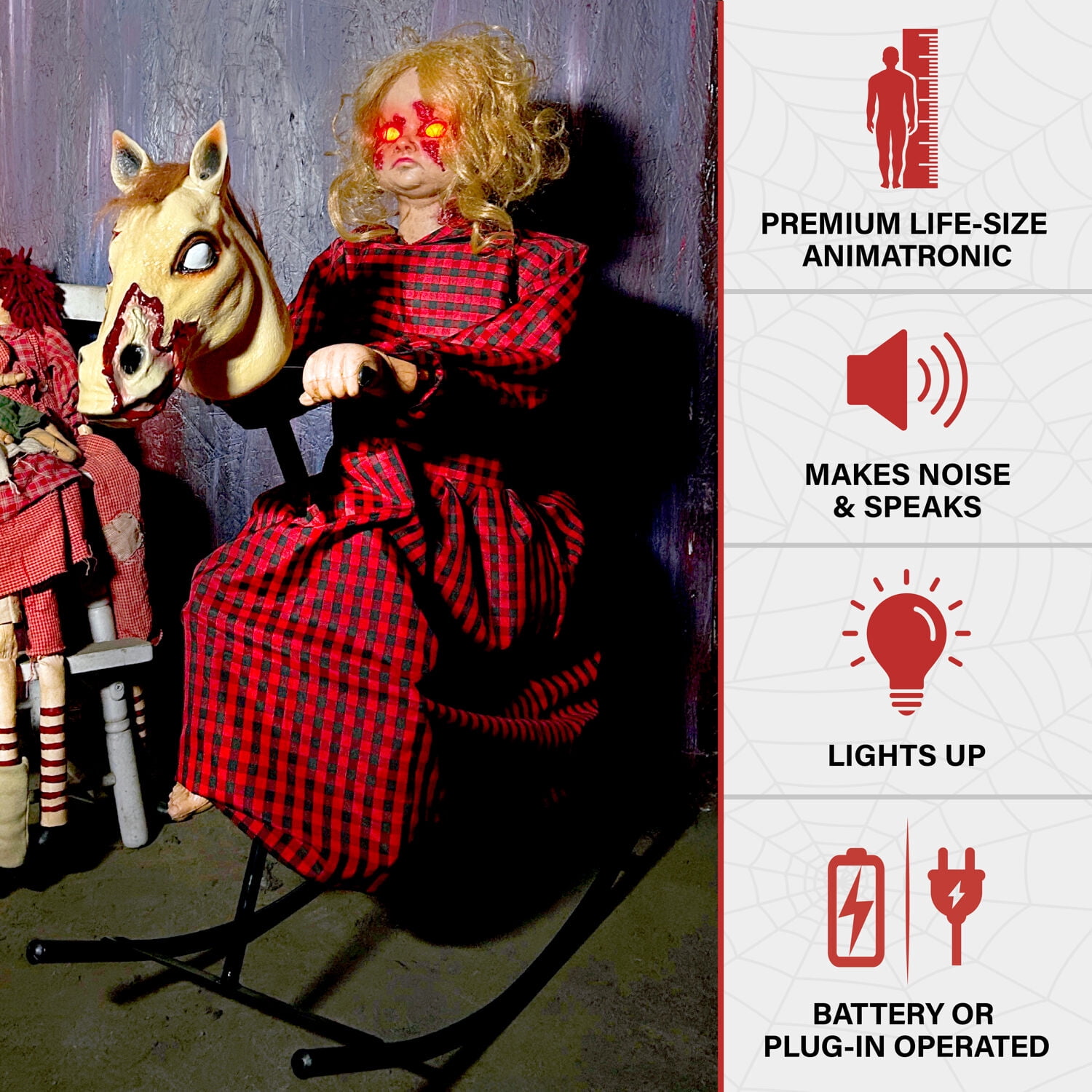 Haunted Hill Farm Animatronic Rocking Horse Girl, Indoor / Covered Outdoor, 3.2-Ft.