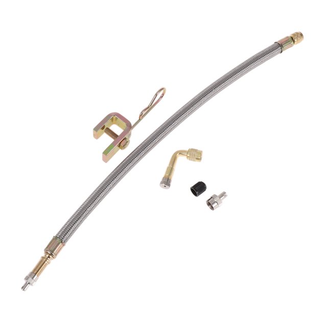 1 Set de extensión de válvula de llanta de cobre de 90 grados con adaptador de inflado de válvula de llanta de acero inoxidable flexible de 350 mm para automóvil, motocicleta, RV, camión, bicicleta