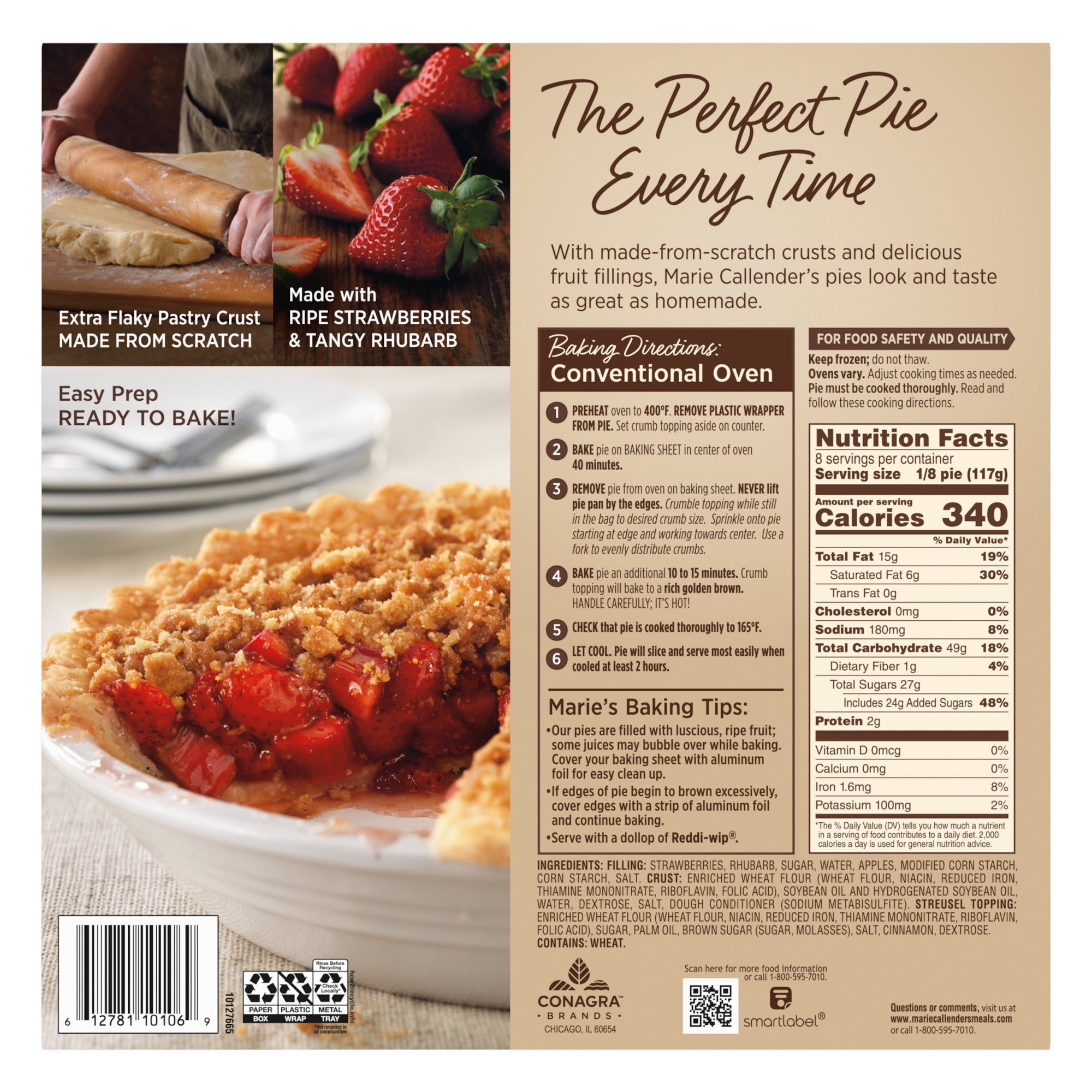 Marie Callender's Strawberry Rhubarb Streusel Pie, Ready to Bake Frozen Dessert, 33 oz.