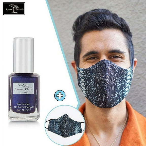 Karma Naturals Nail Polish - Non-Toxic with Matching Fashion Face Mask Breathable Washable Reusable Face Cover for Men & Women (Iridescent Ocean Python Mask)