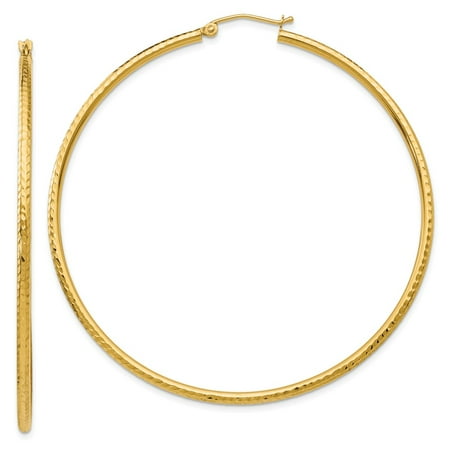 14k Yellow Gold Sparkle-Cut 2mm Round Tube Hoop Earrings - 3.2 Grams - Measures 56x56mm