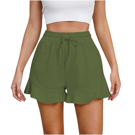 Xugsiok Linen Shorts for Women Elastic Waist Drawstring Casual Shorts with Pockets Solid Color Ruffle Athletic Shorts Lightweight Slim Shorts for Running Yoga Gym Workout