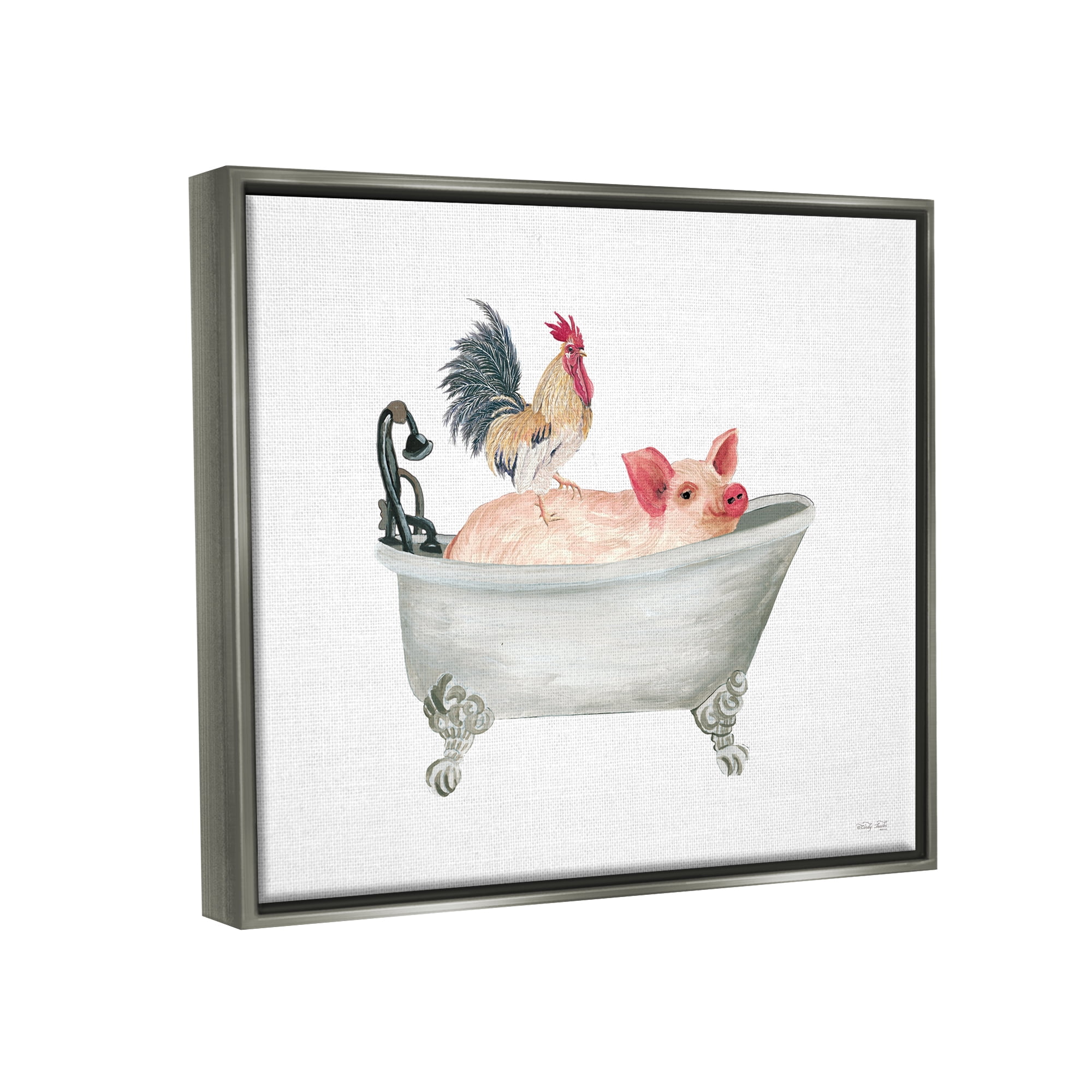 Stupell Industries Farmhouse Animals Tub Animals & Insects Painting Gray Floater Framed Canvas Art Print Wall Art, 21 x 17