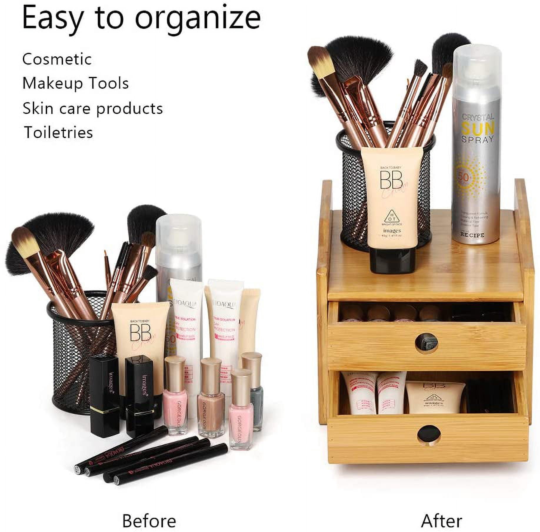 Office Desktop Organizer Bamboo Countertop Storage Shelf with 2 Drawers for Office Supplies