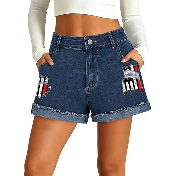 Neewe Fashion Independence Day Jean Shorts for Women High WaistButton Fly Raw Hem Denim Shorts