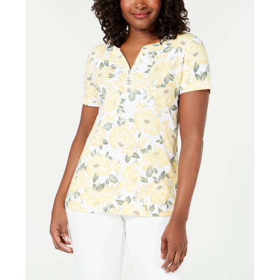 Karen Scott Printed Short Sleeve Henley Citron Aura XS