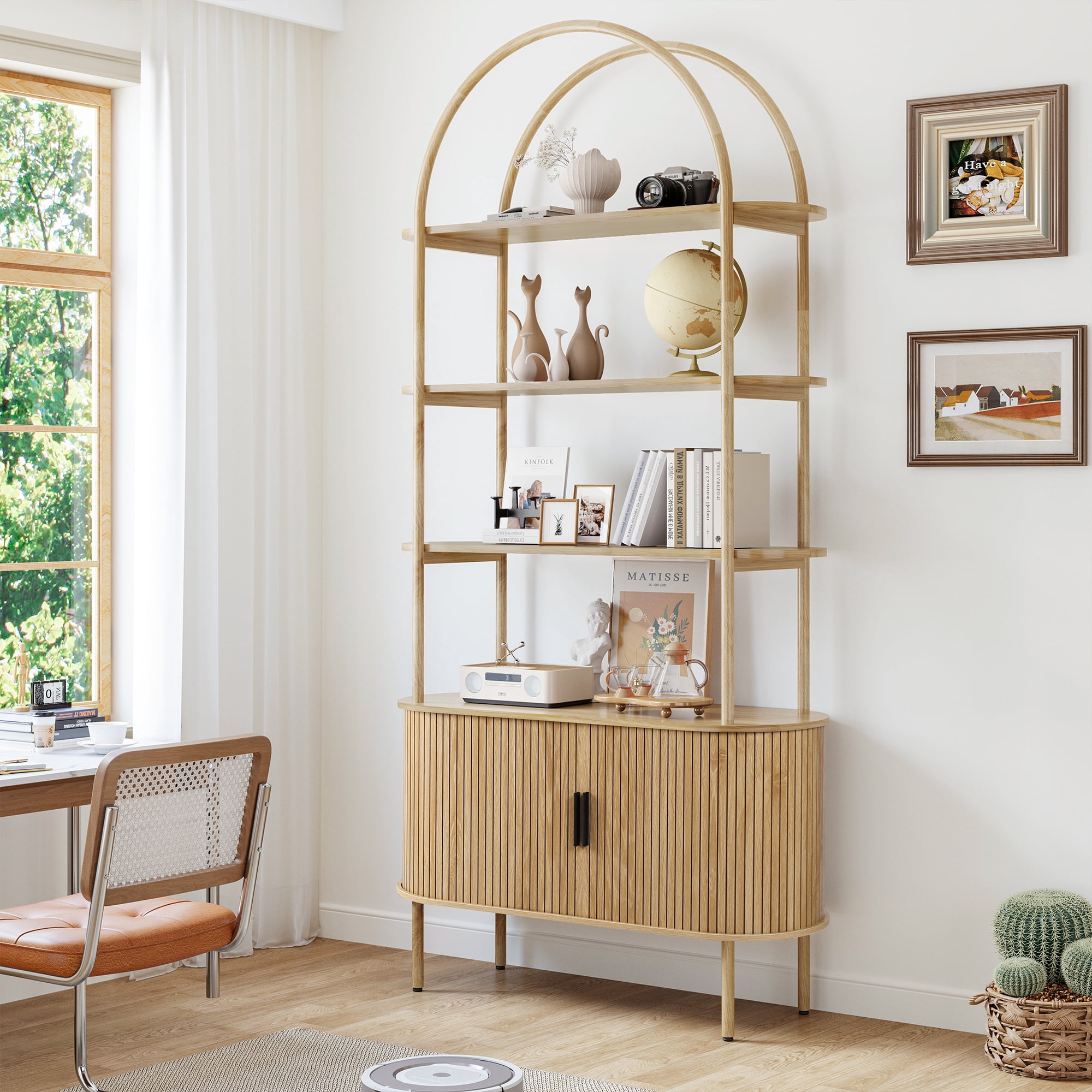 LEFHDA 79" Industrial Modern Arched Bookshelf with 4-Tier Open Shelf & Sliding Tambour Cabinet Storage, Mid-Century Curved Freestanding Bookcase for Living Room (Natural, 79 inch Set of 2)