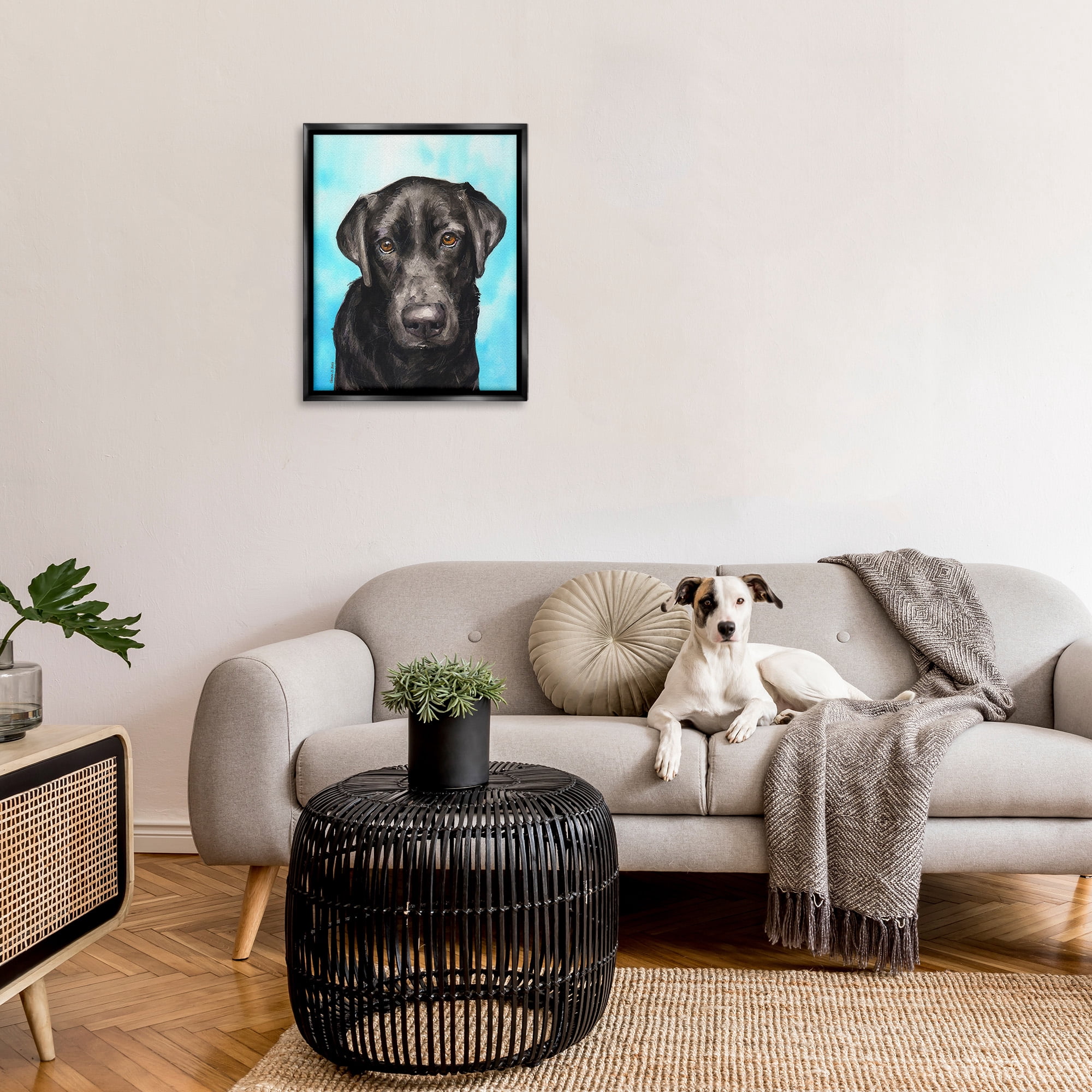 Stupell Industries Black Lab Portrait on Blue Animals & Insects Painting Black Floater Framed Canvas Art Print Wall Art, 25 x 31