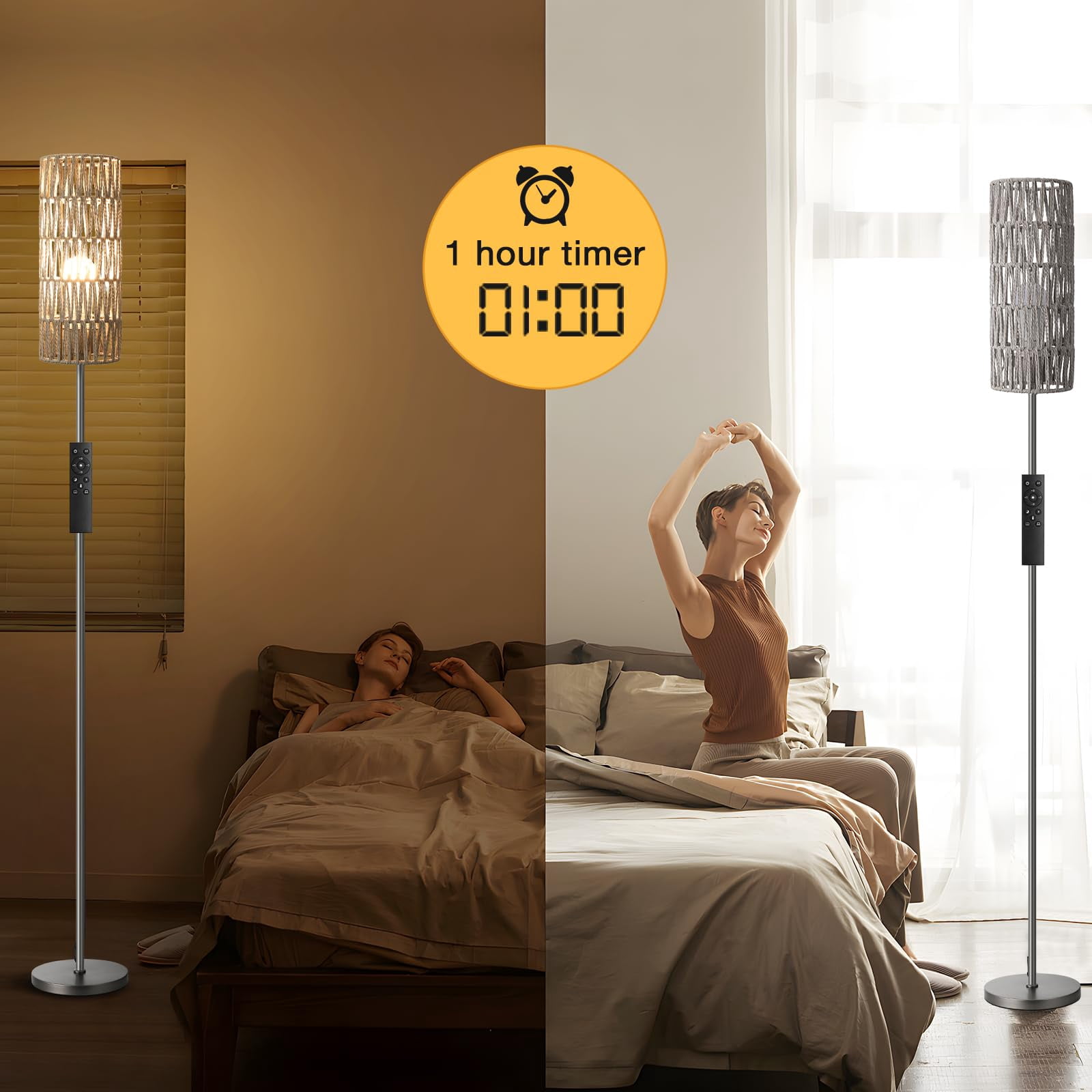 64.57 Inches Grey & Grey Rattan Floor Lamp For Living Room Boho Standing Lighting