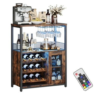 Emorefun Small Bar Cabinet with LED Lights, Modern Liquor Cabinet W/Adjustable Wine Rack & Storage Shelves for Home, Rustic Brown