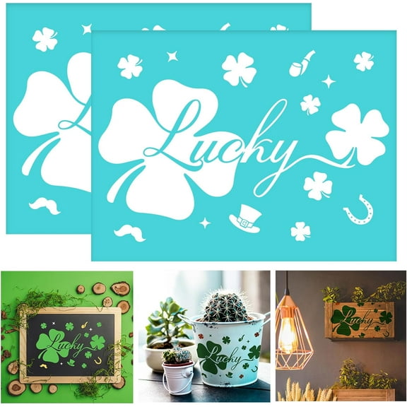2Pcs 11x8.5inch Saint Patrick's Day Silk Screen Stencils Lucky Four-Leaf Clovers Self-Adhesive Stencils Reusable Silkscreen Mesh Stencils
