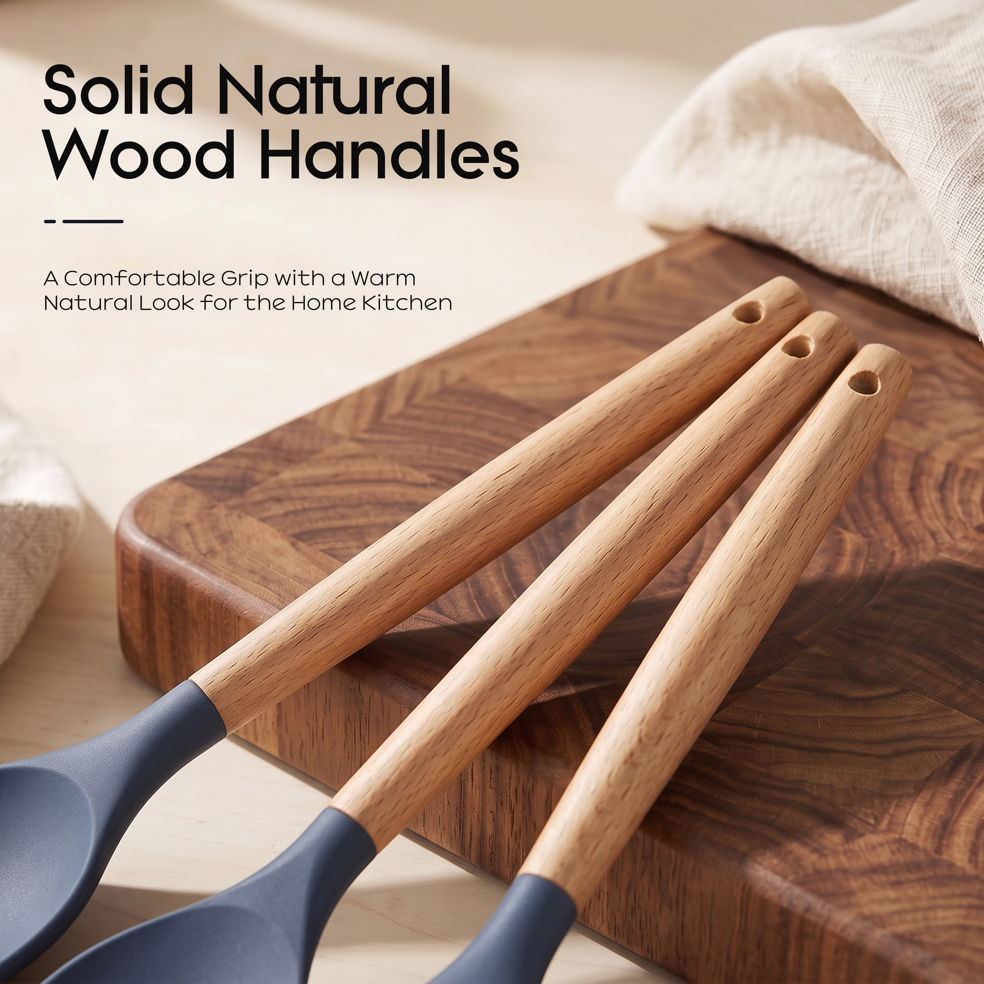 oannao 14-Piece Silicone Utensil Set with Wooden Handles, Navy photo 4