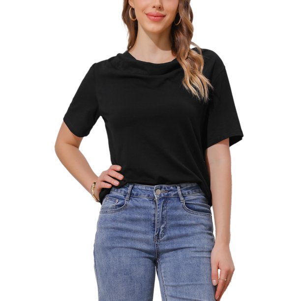 INSPIRAR CHIC Blusa Casual de Manga Corta con Cuello de Cowl para Mujeres L Negra