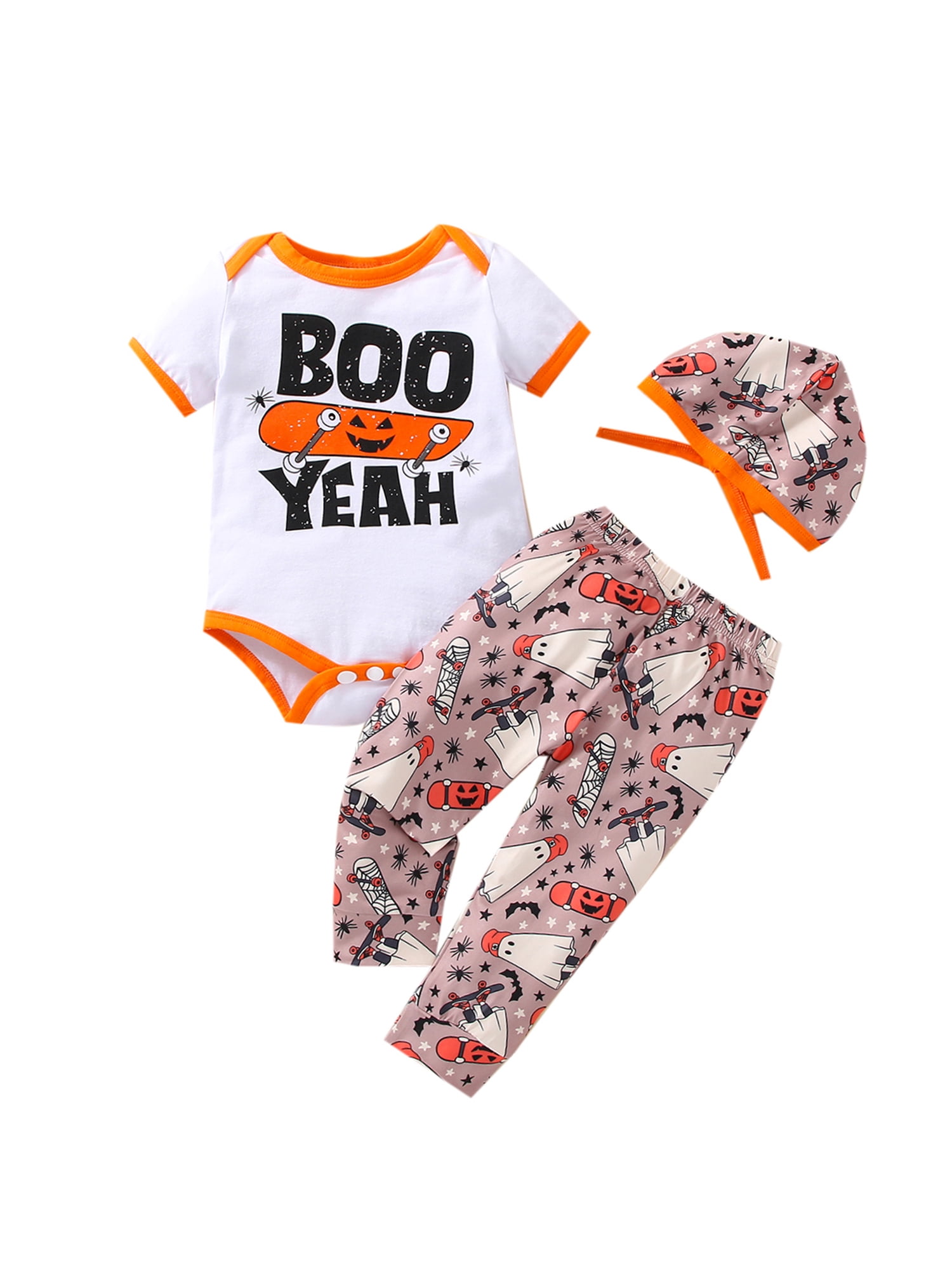 Toddler Baby Kid Girl Boys Halloween Print Romper Pants Trousers Hat Set Outfits 