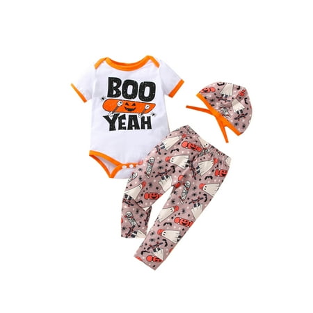 

Karuedoo Infant Baby Boy Halloween Clothes Boo Skateboard Print Romper Ghost Long Pants Hat Outfits Orange 3-6 Months