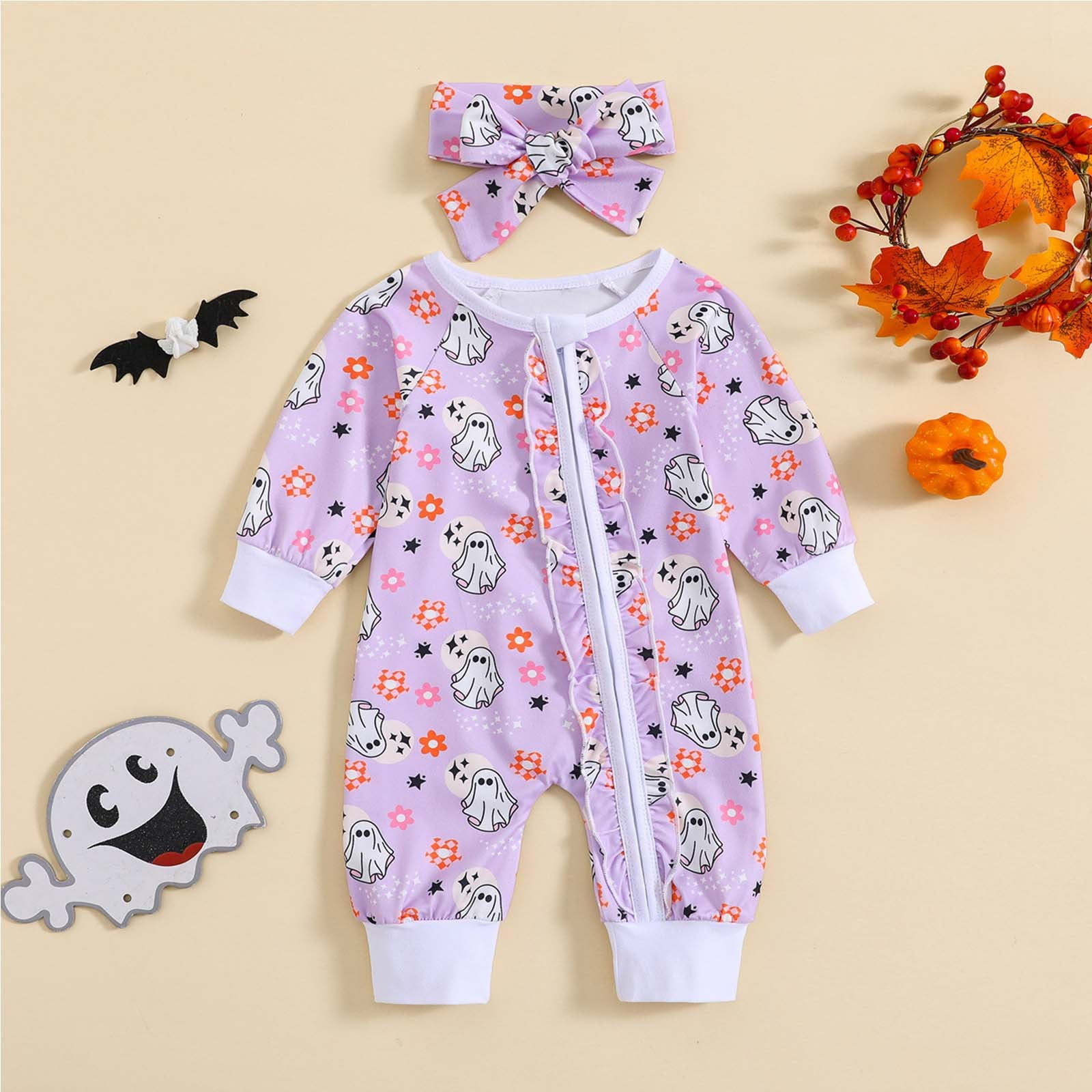 Baby Girl Bubble Romper Baby Girls Fall Full Zip Jumpsuit Cartoon Ghost Print Long Sleeve One Piece Pajama with Headband Soft Comfort Baby Boy Rompers Purple 6 Months-12 Months