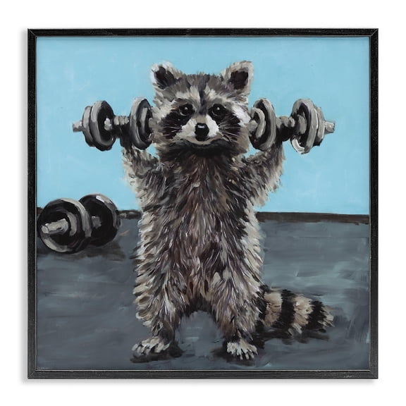 Fitness Raccoon with Weights Black Framed Giclee Art, design by Studio Bautista