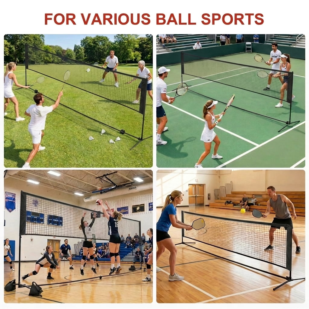 LEDREM Adjustable Height Badminton Net, Volleyball and Pickleball Net for Kids and Junior Tennis, 10-16.5 ft Wide Foldable Nylon Net with Poles