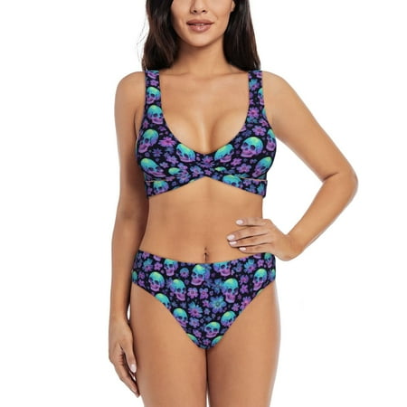 Zeuib Skull daisy Gradient High Waisted Tummy Control Bikini Set - Knot Front Push Up Top & Cheeky Thong Bottom  Two-Piece Swimsuit for Women-Medium