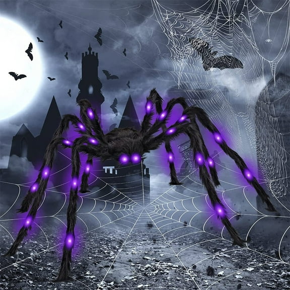 4 Ft Giant Halloween Spider Decoration LED Light up Black Hairy Spider with Red Lighted Eyes Battery Operated Realistic Scary Fake Spider for Yard Party House Decor Outdoor Indoor