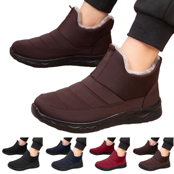 Pandaie Womens Winter Snow Boots Furry Lined Slip on Ankle Booties Waterproof Insulated Outdoor Walking Shoes with Arch Support Black 6.5