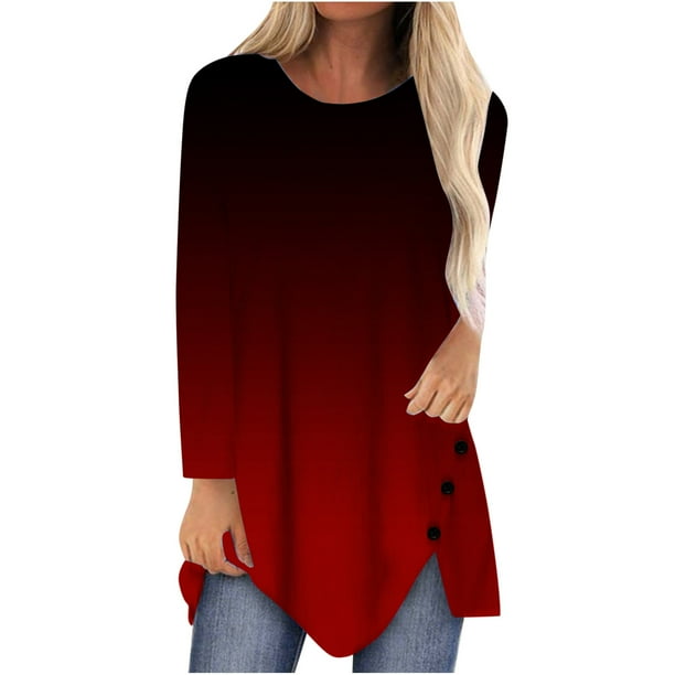Mujeres Casual Gradiente Impreso Manga Larga Cuello Redondo Botones Irregular Pullover Blusa Tops Fridja fjkfkj1812