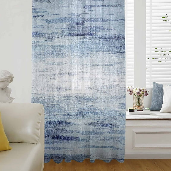 Vintage Blue Semi Sheer Curtains Drapes for Living Room, Bedroom, French Doors Window 45 Inches Long, Retro Blue Ombre Modern Abstract Art Rod Pocket Chiffon Curtain Drapery Voile Draperies Panel