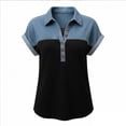 thumbnail image 5 of Women's Denim Patchwork T-Shirt Trendy Cap Sleeve Tops Lapel Collar Henley Button Blouses, 5 of 5