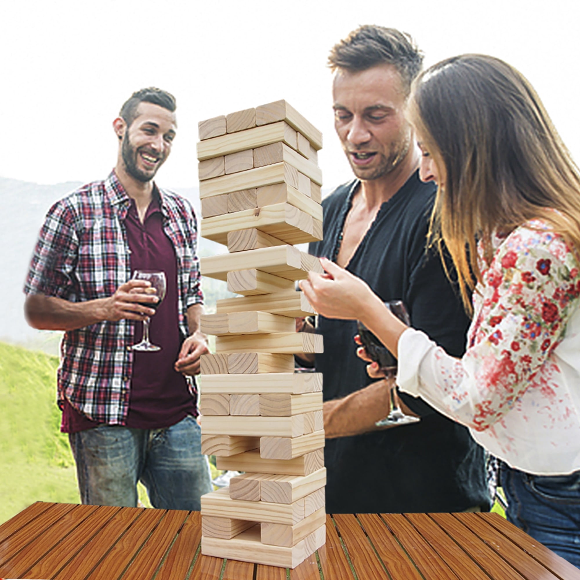 Trimate: Tumbling Tower Large 21.25" - Double-Sanded Smooth Natural Wood, 54 Blocks, Durable & Portable Carry Bag, Indoor & Outdoor, Family Party Game Age 8+