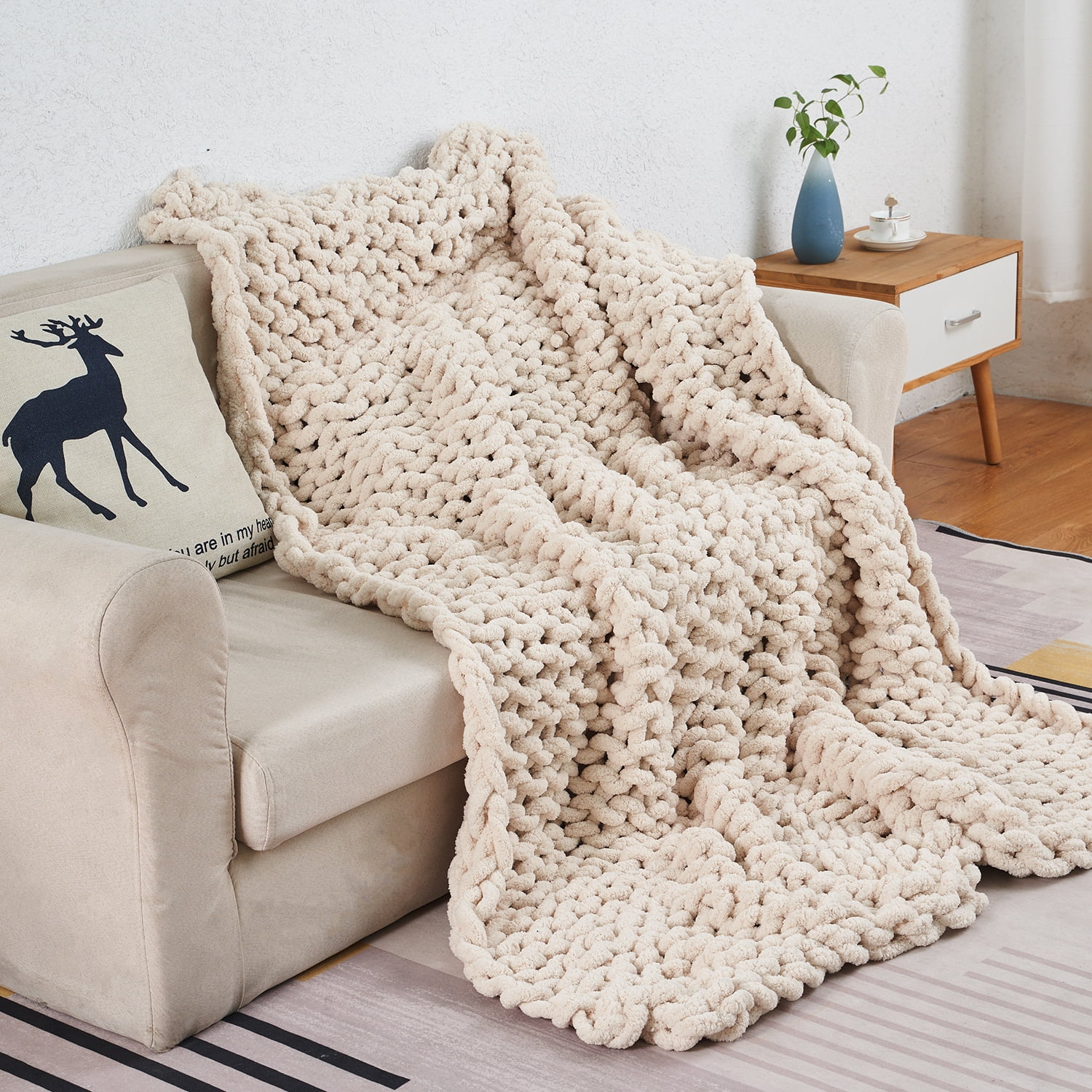 Modenna Chunky Knit Blanket Handmade Soft Warm Throws, 50"x60", Beige