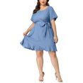 thumbnail image 2 of Unique Bargains Women's Plus Size Round Neck Roll Up Sleeve Ruffle Chambray Midi Dresses 3X Light Blue, 2 of 7
