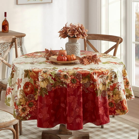 Newbridge Bountiful Harvest Border Print Fall and Thanksgiving Vinyl Flannel Backed Tablecloth,- Pumpkin Bordered Autumn Farmhouse Tablecloth, 70” Round