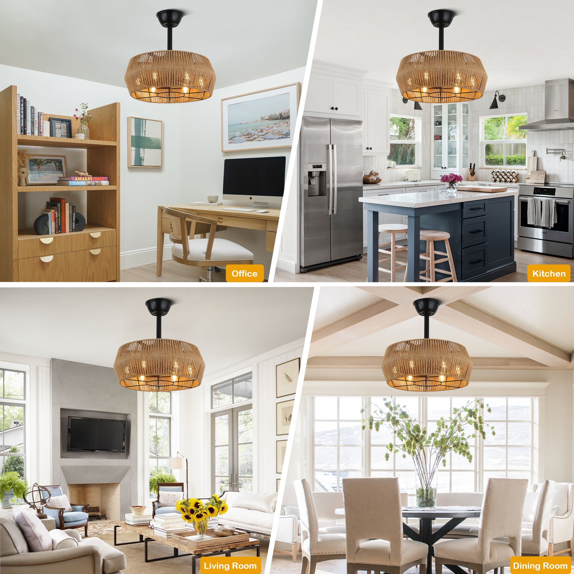 Chords Attic 18" 6-Light  Boho Ceiling Fan with Lights and Remote Control, Farmhouse Ceiling Fan with Natural Jute Rope Woven Drum Shade for Bedroom, Living Room, Patio