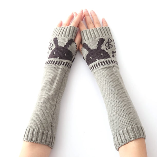 Guantes de invierno sin dedos para mujer, de punto, con abertura para el pulgar y diseño de conejo