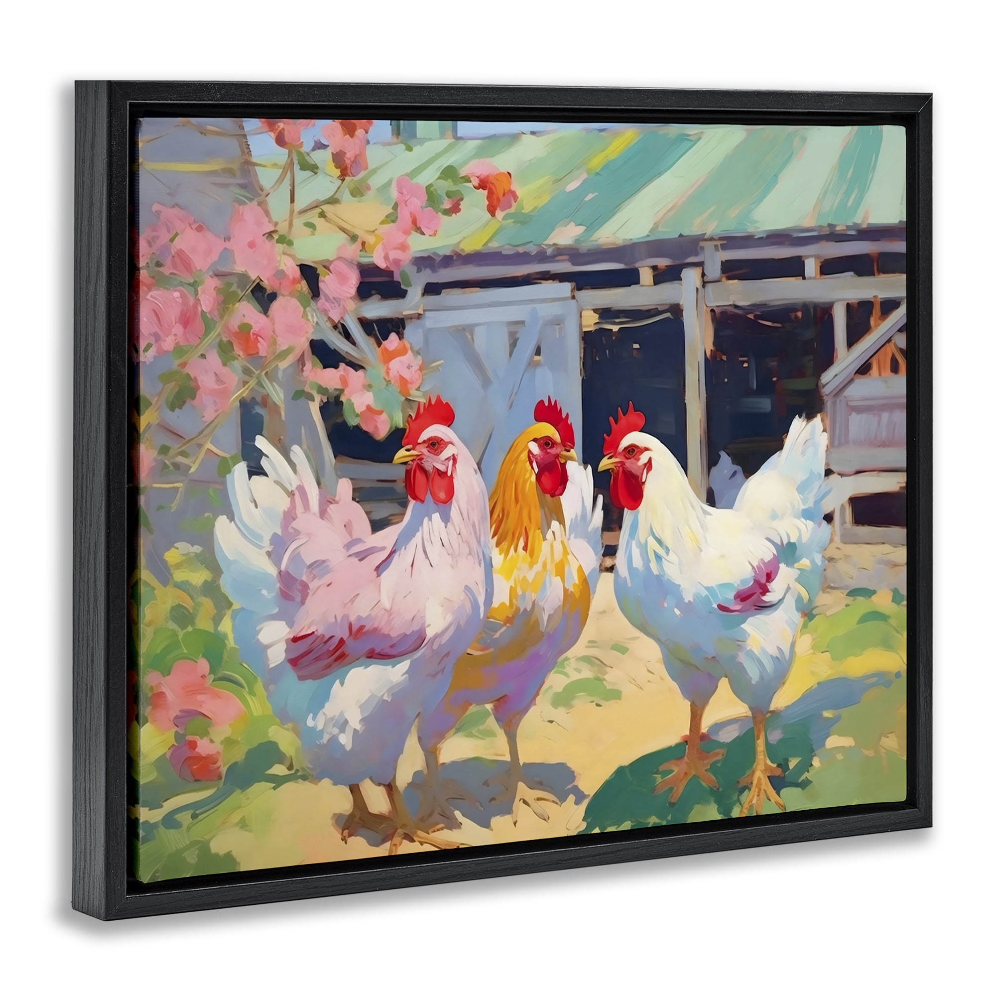 Stupell Industries Colorful Chickens in Sunlit Yard Black Framed Floater Canvas Wall Art, design by Creative Studio