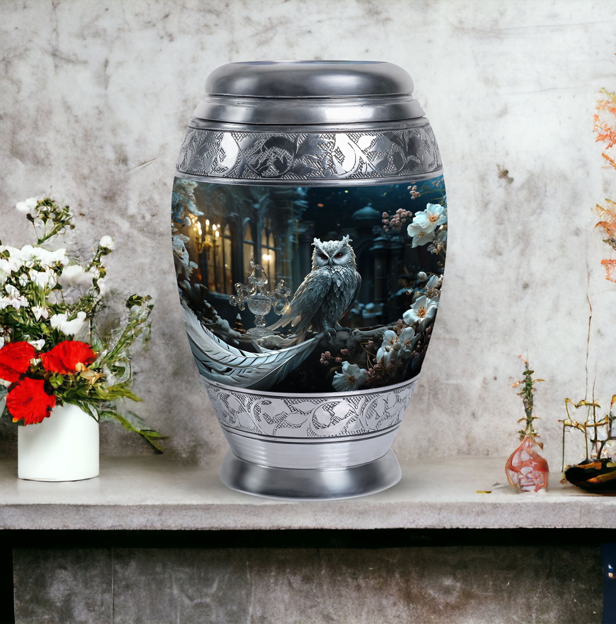 Blue Owl Large Urns For Human Ashes Adult Dad - Cremains Urn For Ashes Mom - Handmade Decorative Gifts For Funeral 10Inch To 200 Cubic Inches Capacity Include Velvet Bag