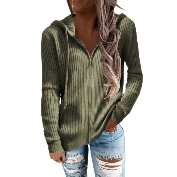 Suéter con capucha para mujer, chaqueta de punto informal, sudadera con capucha y cremallera