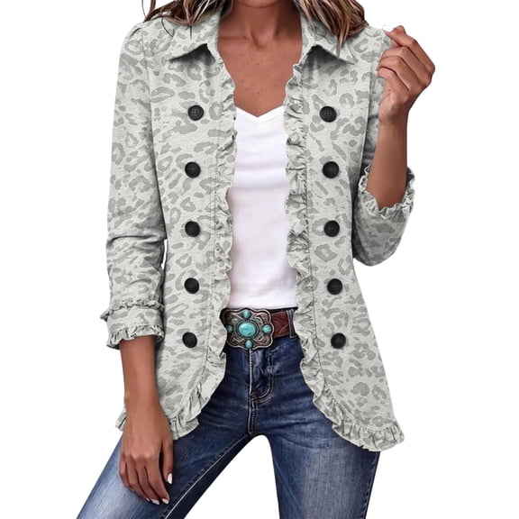 Leopard Print Jackets For Women Long Sleeve Lapel Button Down Ruffle Trim Open Front Cardigan Casual Lightweight Ruffle Jacket