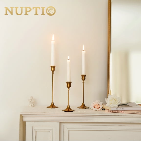 Nuptio Candlestick Holders Taper Candle Holders, Set of 3 Candle Stick Holders Set, Brass Gold Candlestick Holder Set, Vintage Modern Decorative Centerpiece for Table Mantel Wedding Housewarming Gift