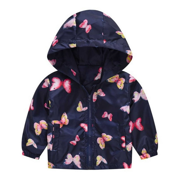 Odeerbi Kids Trendy Jacket Boys Girls Cute Cartoon Flowers Car Pattern Windproof Jacket Hooded Coat Dark Blue