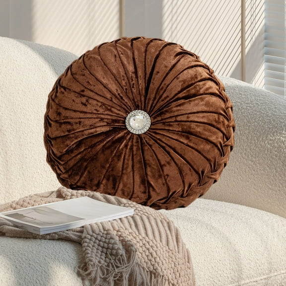 Specollect Clearance 1 Pcs Decorative Round Pleated Throw Pillows, Classy Accent Throw Pillows with Center Button, Vintage Velvet Floor Pillows for Sofa Couch Vanity Chair Bed