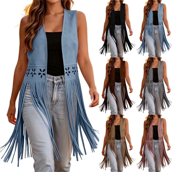 Chiccall Women's Solid Faux Suede Fringe Vest, Sleeveless Open Front Long Cardigan Vest, Western Cowboy Style Tassel Sleeveless Layering Jacket